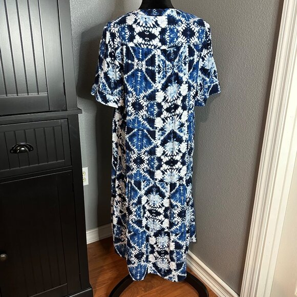 Chico’s Dress Size 2 Large Blue Tie Dye Midi Cotton Short Sleeve Boho Casual - Picture 5 of 9